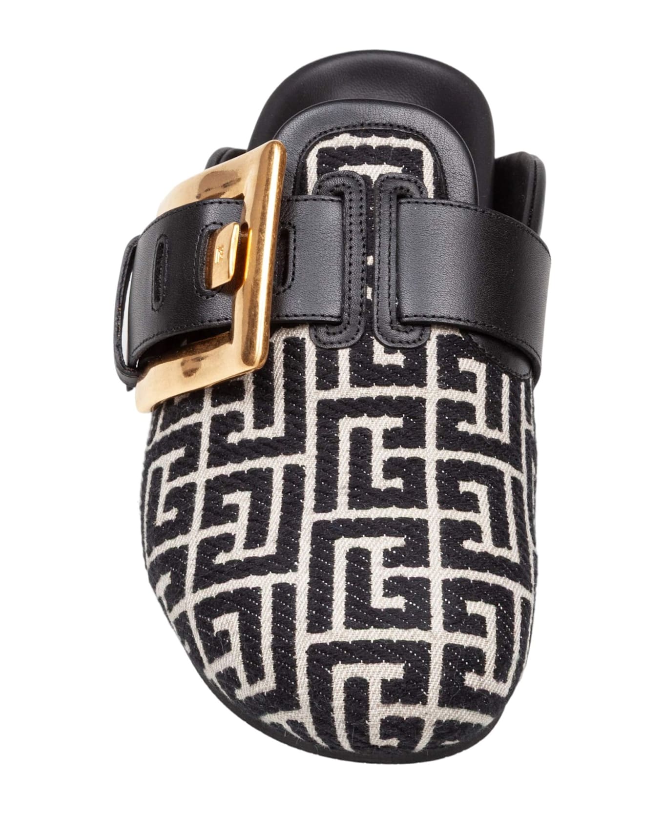 Balmain Flat Mule In Jacquard Canvas Black And Ivory - BLACK/IVORY