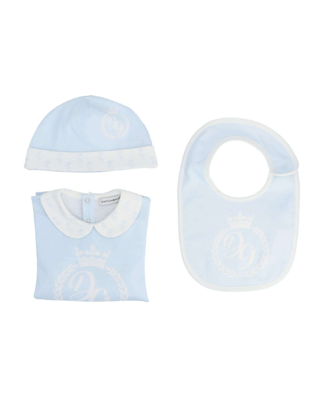 Dolce & Gabbana Sleepsuit + Bib + Cap Baby Set - Light Blue