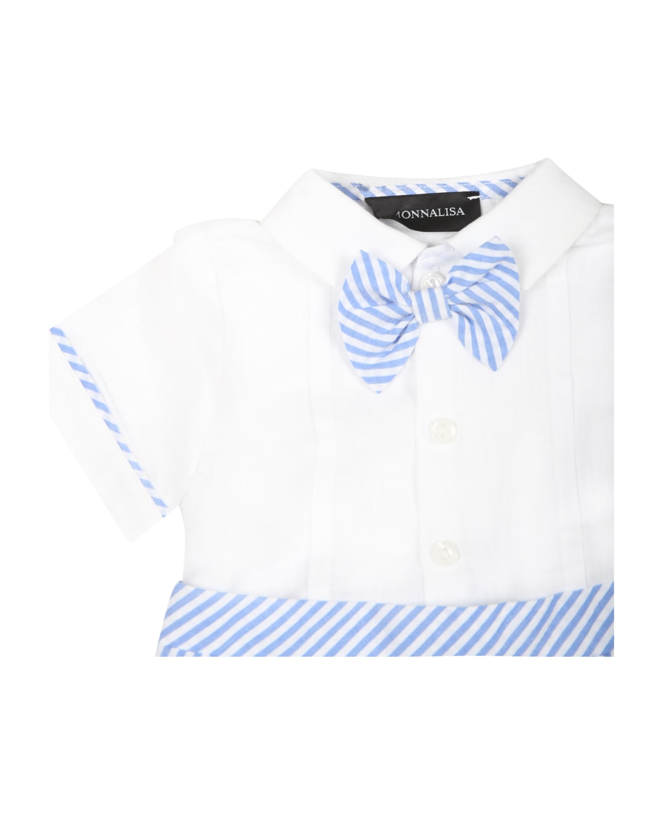 Monnalisa Light Blue Romper For Baby Boy With Bow Tie - White