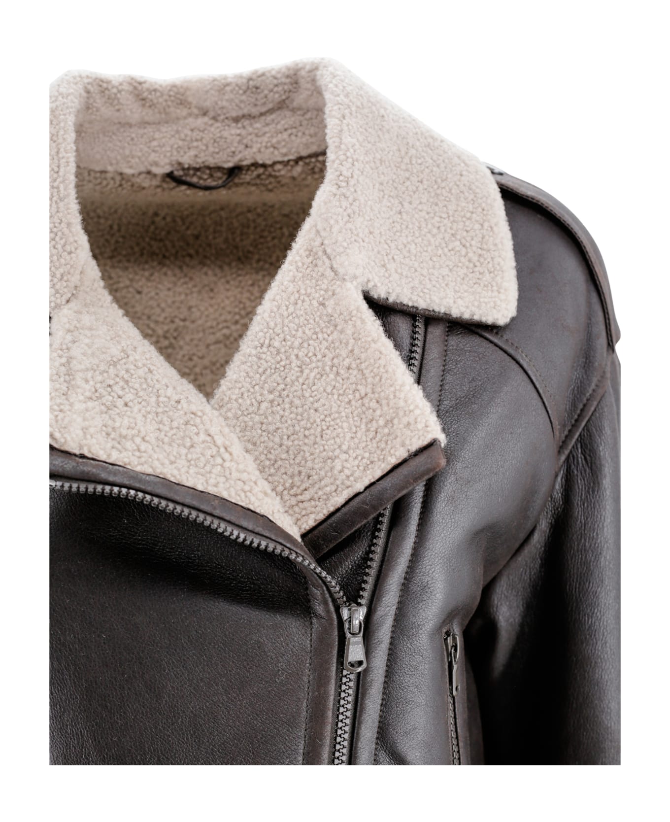 Brunello Cucinelli Giacca Biker In Pelle Con Collo In Shearling - Cioccolato