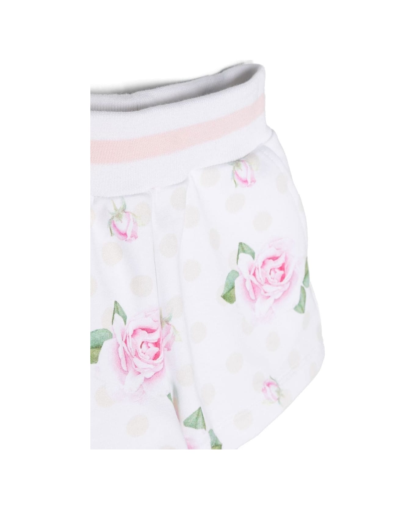 Monnalisa White Shorts With Elastic Waistband And Roses Print In Stretch Cotton Baby - Multicolor