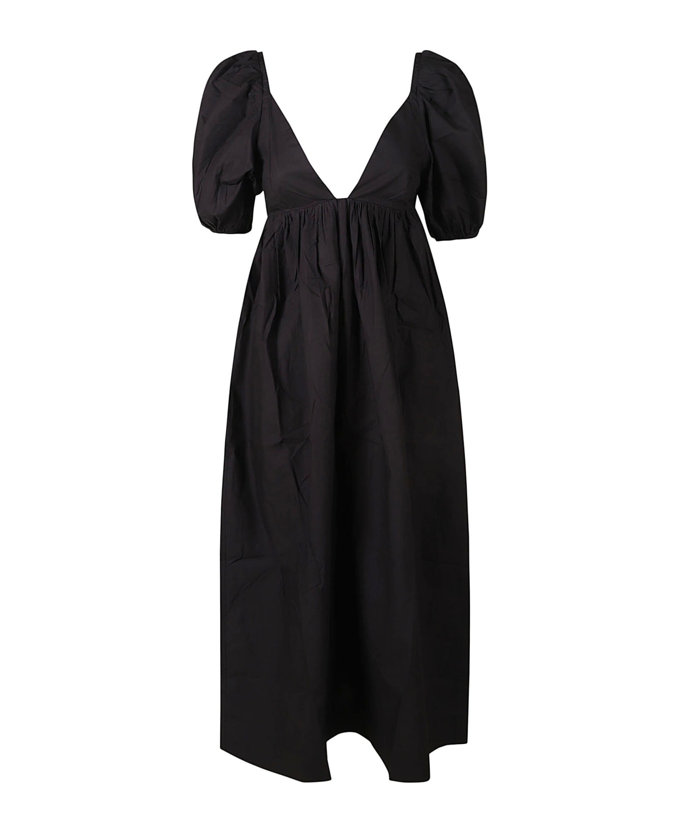 Ganni Deep V-neck Balloon-sleeve Dress - Black