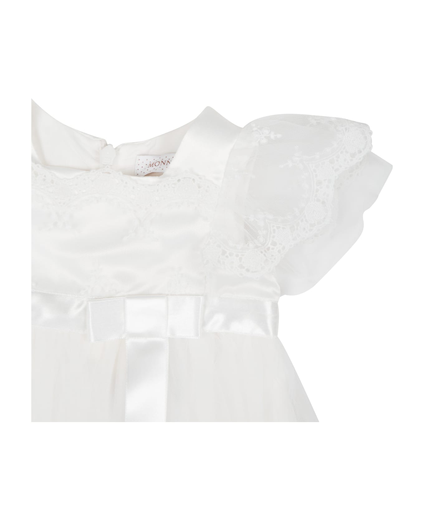 Monnalisa White Dress For Baby Girl With Embroidery And Bow - White