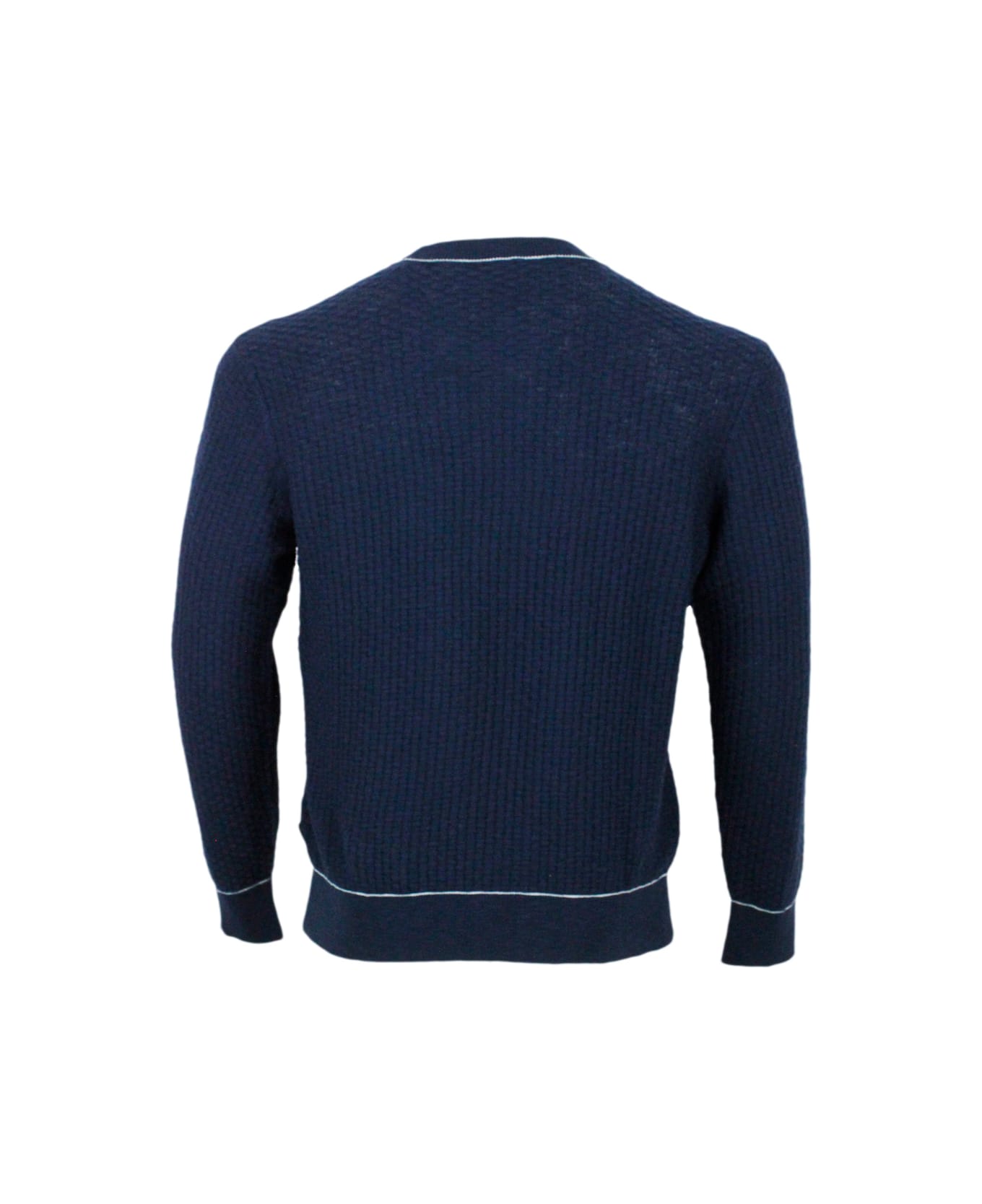 Armani Collezioni Crew-neck And Long-sleeved Sweater In Cotton And Linen With Honeycomb Workmanship. - Blu ニットウェア