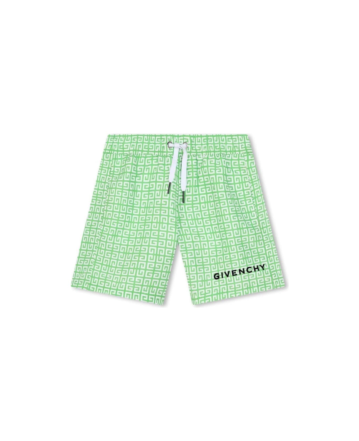 Givenchy Green And White Swim Trunks With All-over 4g Print In Tech Fabric Boy - Green 水着