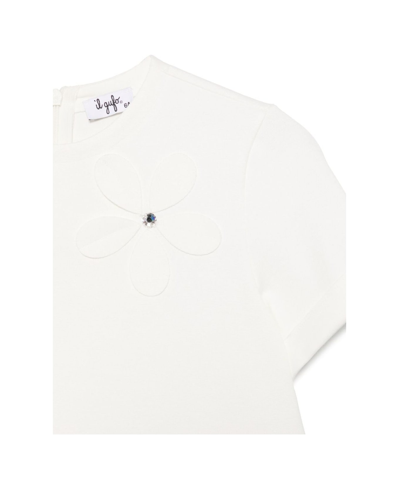 Il Gufo White Crewneck Dress With Floral Patches On The Front And Rear Concealed Zip Closure In Viscose Blend Stretch Girl - White