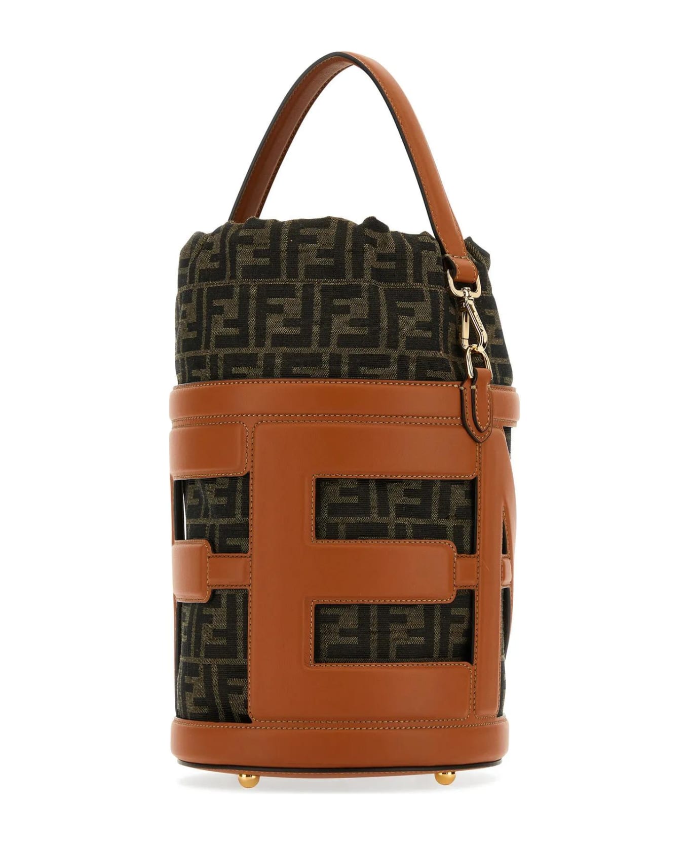 Fendi Embroidered Leather And Jacquard Step Out Bucket Bag - Len Brandy Tobacco Moro