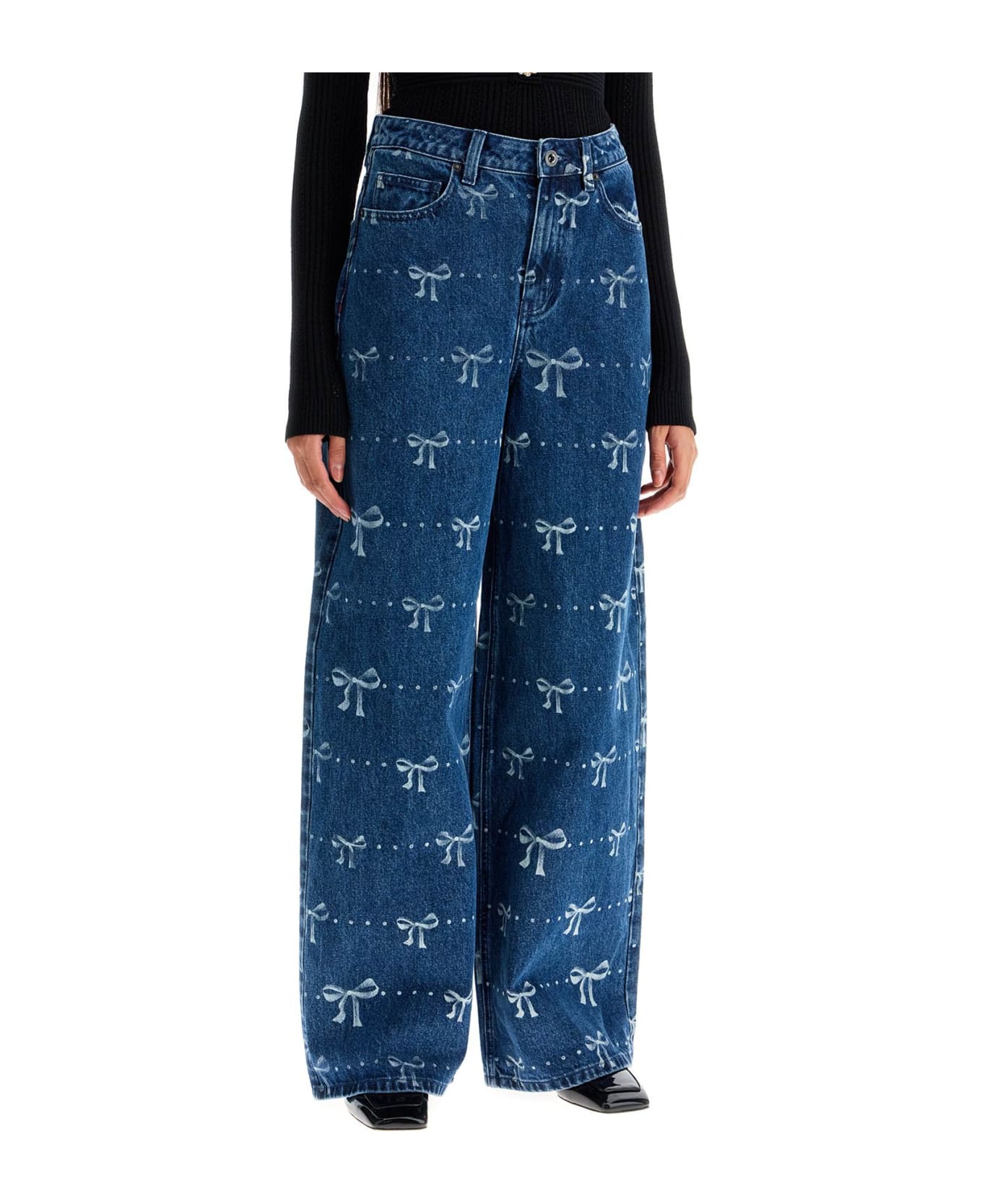 self-portrait Wide Leg Jeans With Bow Print Design - BLUE (Blue)