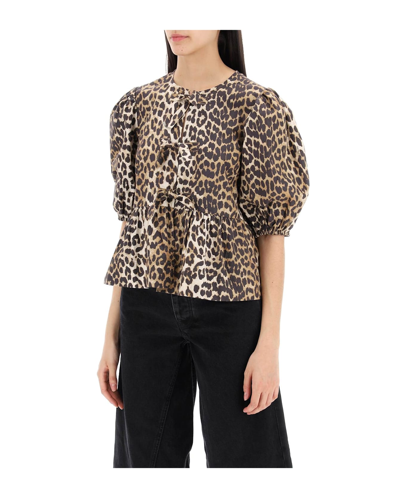 Ganni Leopard Print Peplum Blouse - LEOPARD (Beige)