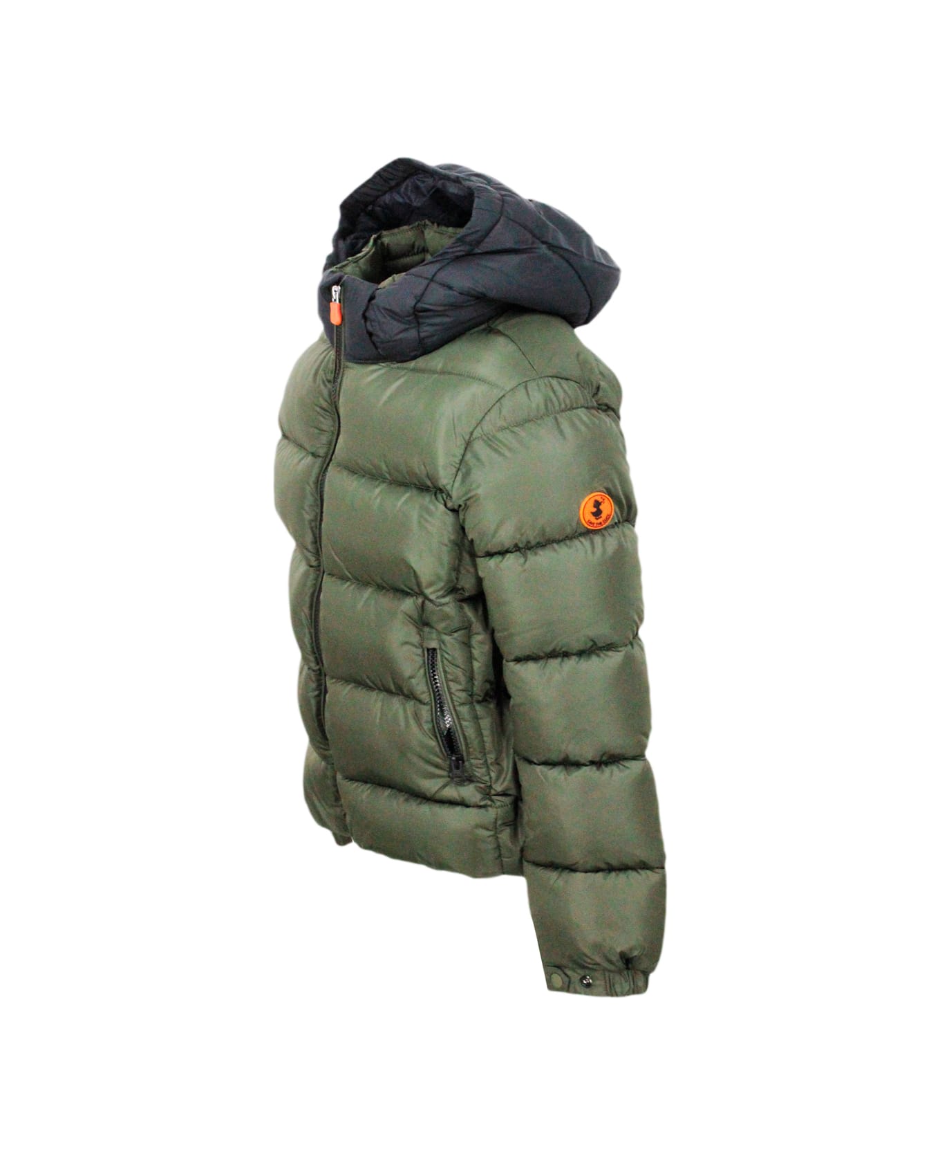 Save the Duck Rumex Down Jacket With Detachable Hood With Animal Free Padding And No Animal Derivatives With Zip Closure And Logo On The Sleeve. Elasticated Edges. - Green コート＆ジャケット