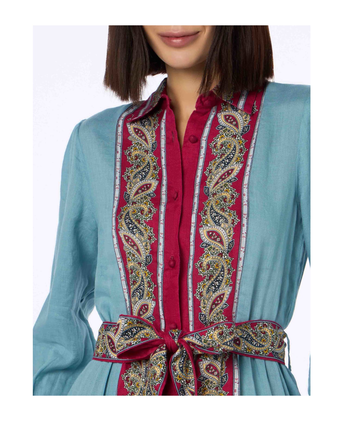MC2 Saint Barth Woman Light Blue Linen Dress Jensen With Paisley Placed Print
