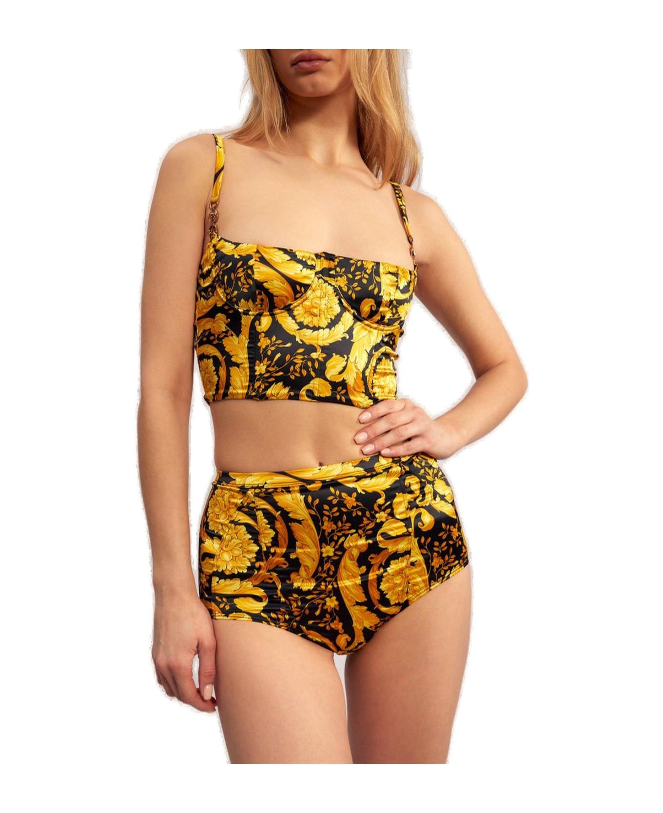 Versace Barocco-printed Stretched Bustier Top - BLACK/YELLOW