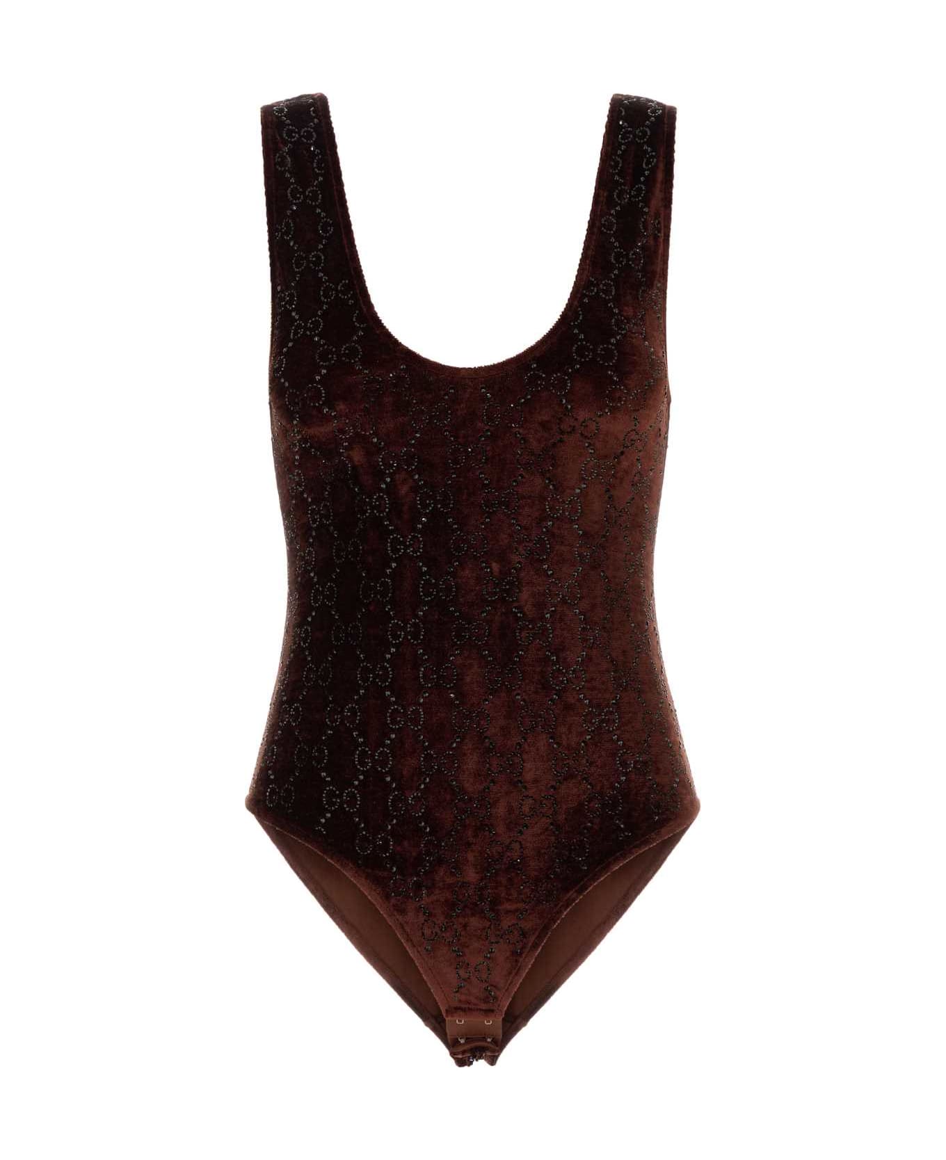 Gucci Embellished Velvet Bodysuit - CHESTNUTMIX