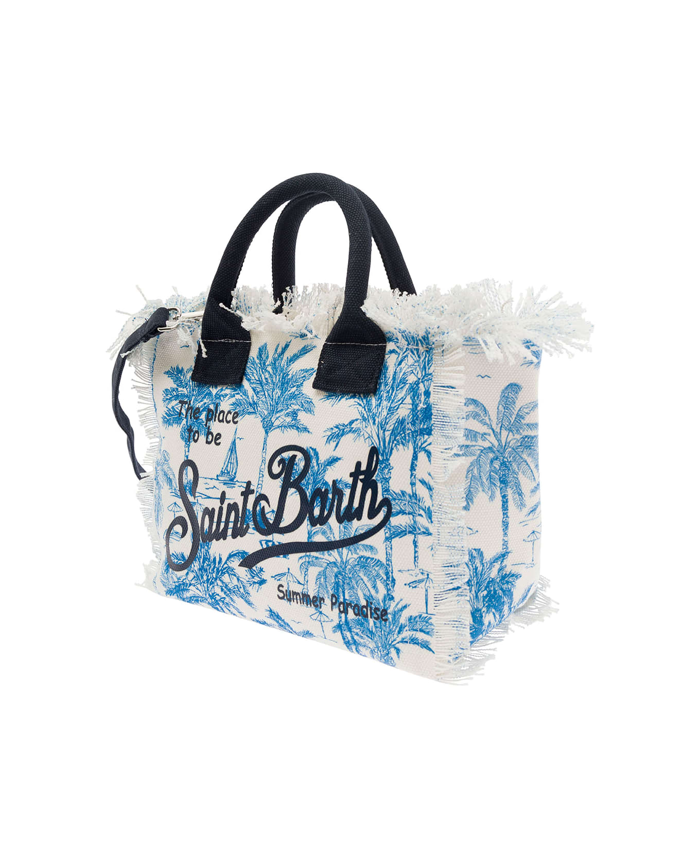 MC2 Saint Barth Light Blue And White Handbag With Logo And Palm Print In Cotton Canvas Girl - Light blue