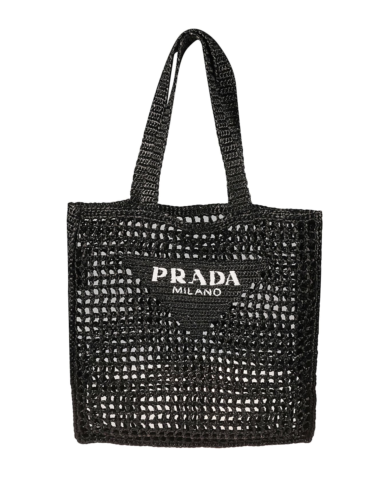 Prada Logo Detail Raffia Shopper Bag - Nero