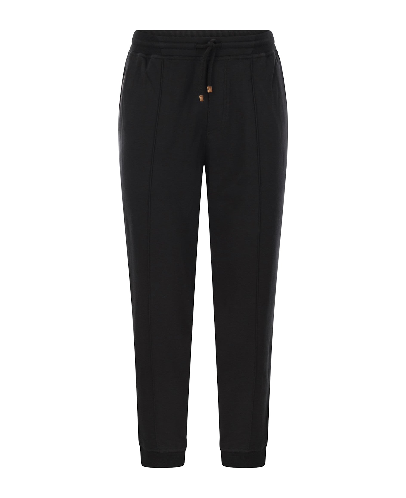 Brunello Cucinelli Techno Cotton Fleece Trousers With Zip On Stretch Bottom, Crete And Piping - Black