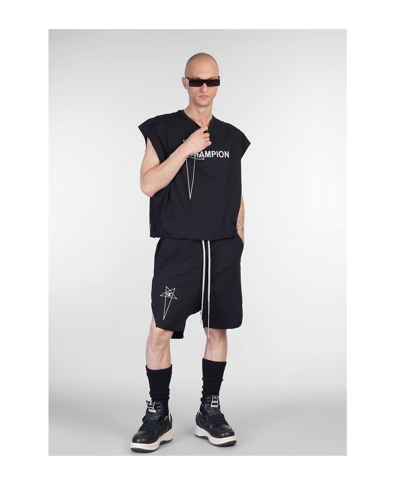Rick Owens x Champion Beveled Pods Shorts In Black Cotton - black