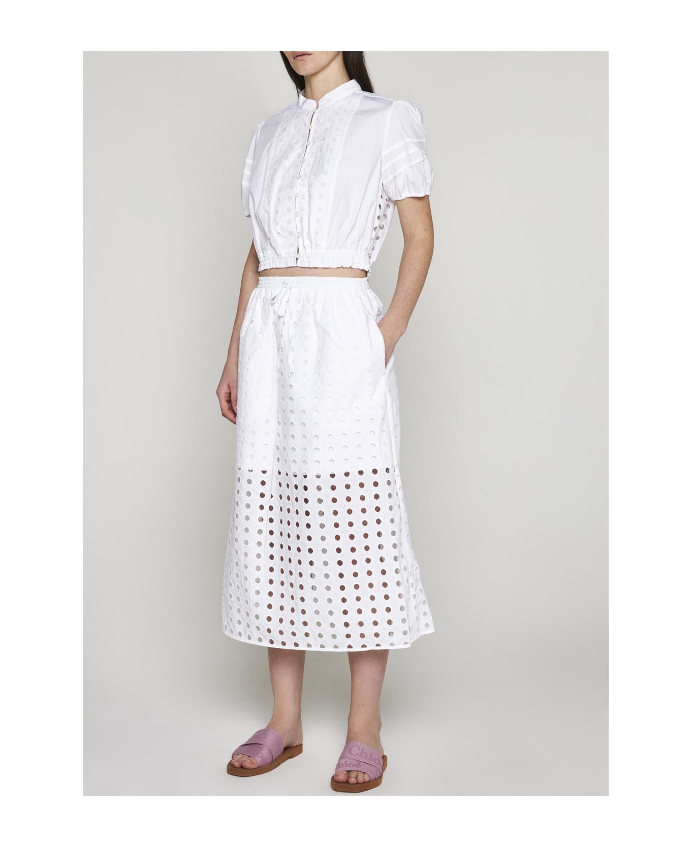 See by Chloé Broderie Anglaise Cotton Midi Skirt - White