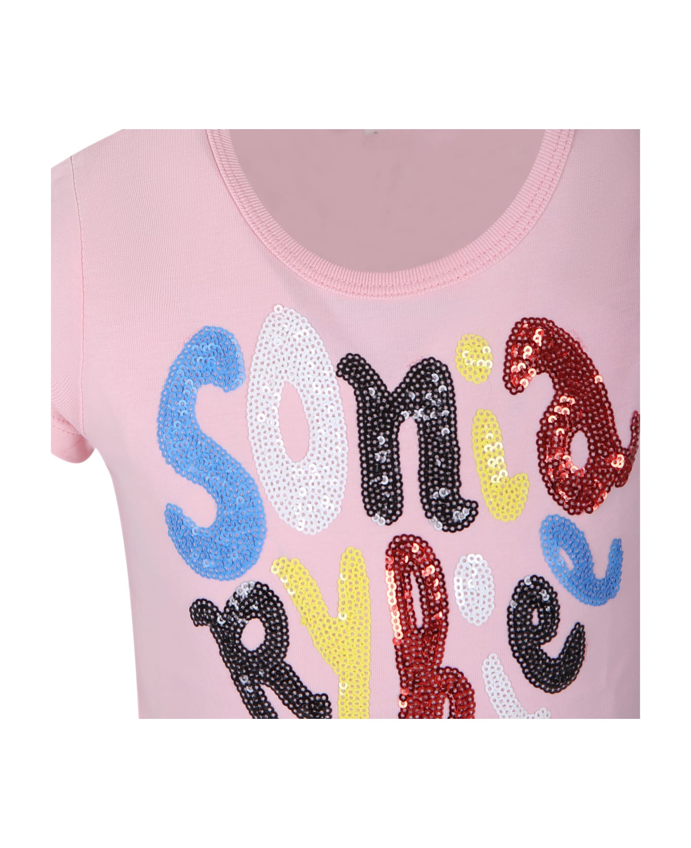 Rykiel Enfant Pink T-shirt For Girl With Logo And Sequins - Pink Tシャツ＆ポロシャツ