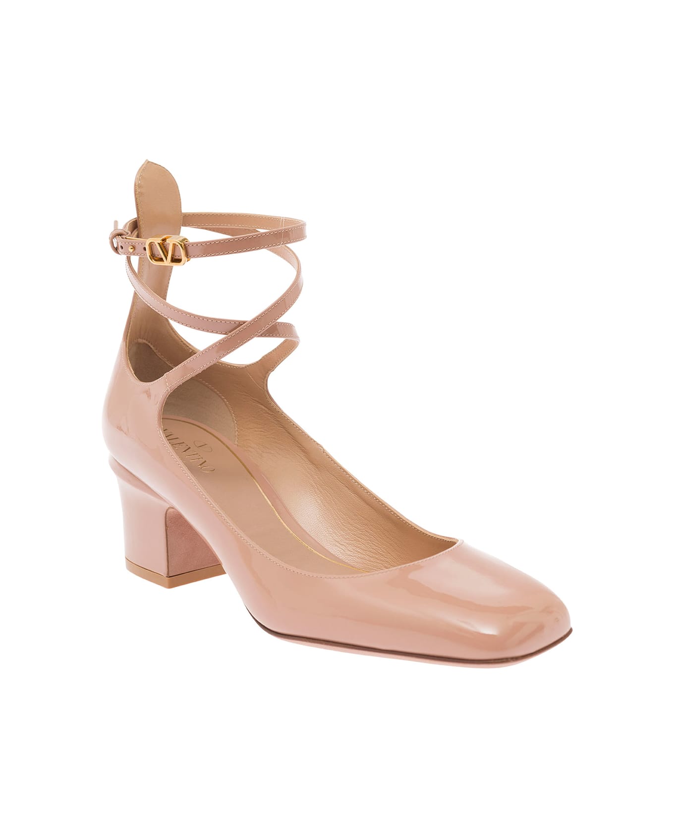 Valentino Garavani 'tan-go' Bege Décolleté With V-logo Buckle In Patent Leather Woman - Pink