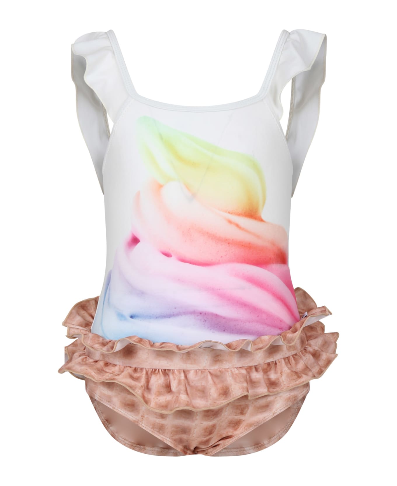 Molo White Swimsuit For Girl With Ice Cream Print - Multicolor 水着