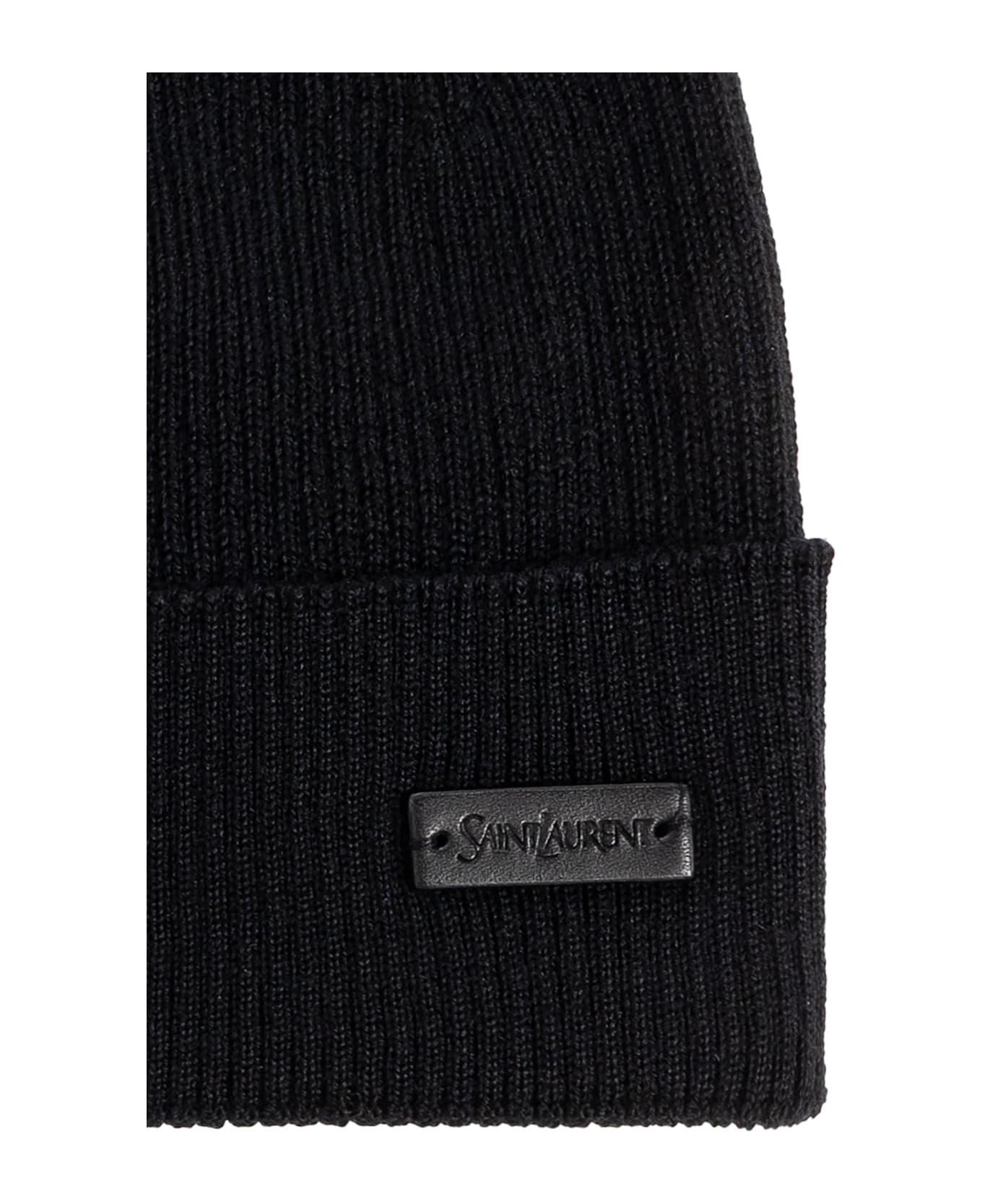 Saint Laurent Wool Beanie With Logo Patch - Nero 帽子