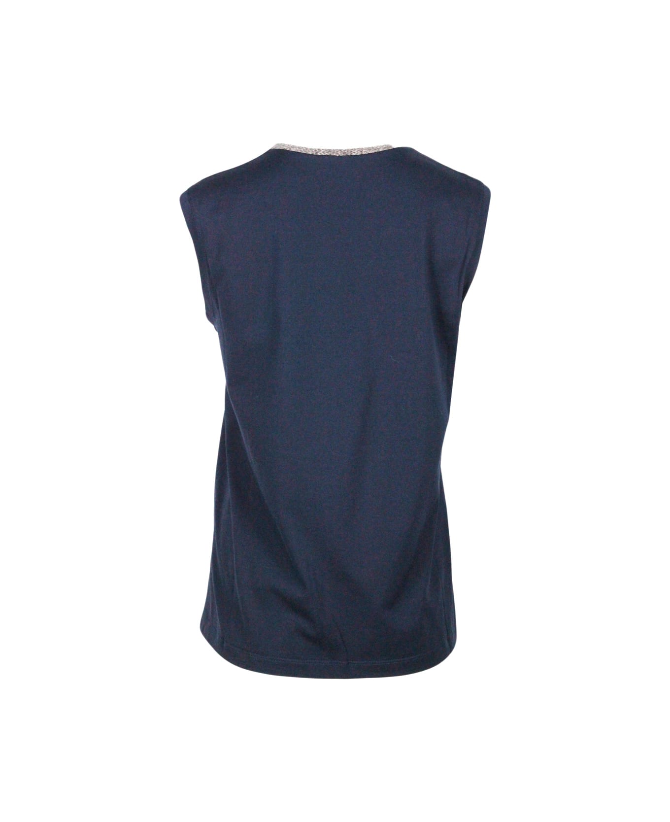 Fabiana Filippi Tank Top In Organic Cotton Jersey With V-neck Embellished With Rows Of Brilliant Jewels On The Neckline - Blu