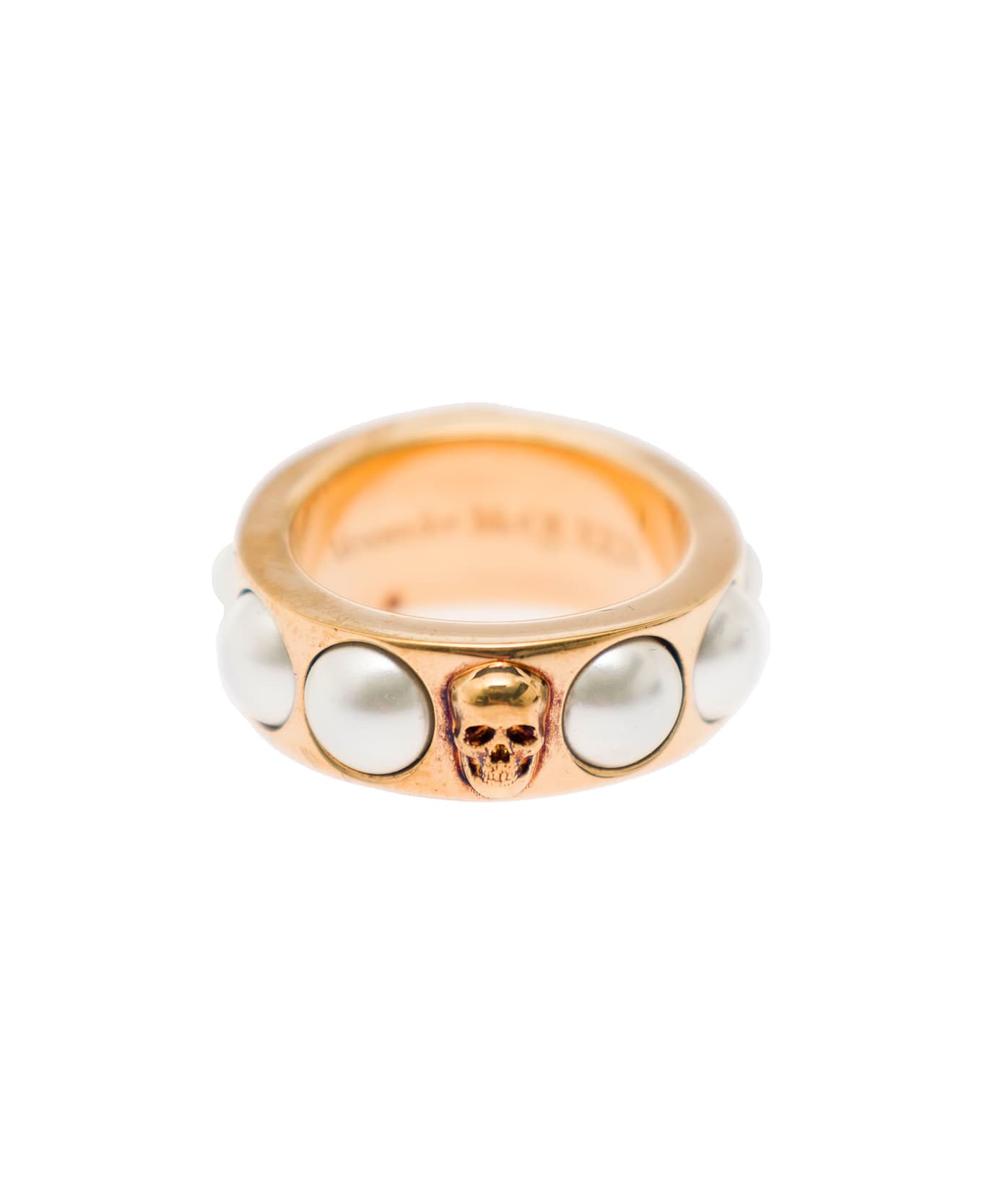 Alexander McQueen Antique Gold-tone Ring With Skull And Pearl Embellishment In Brass - Metallic