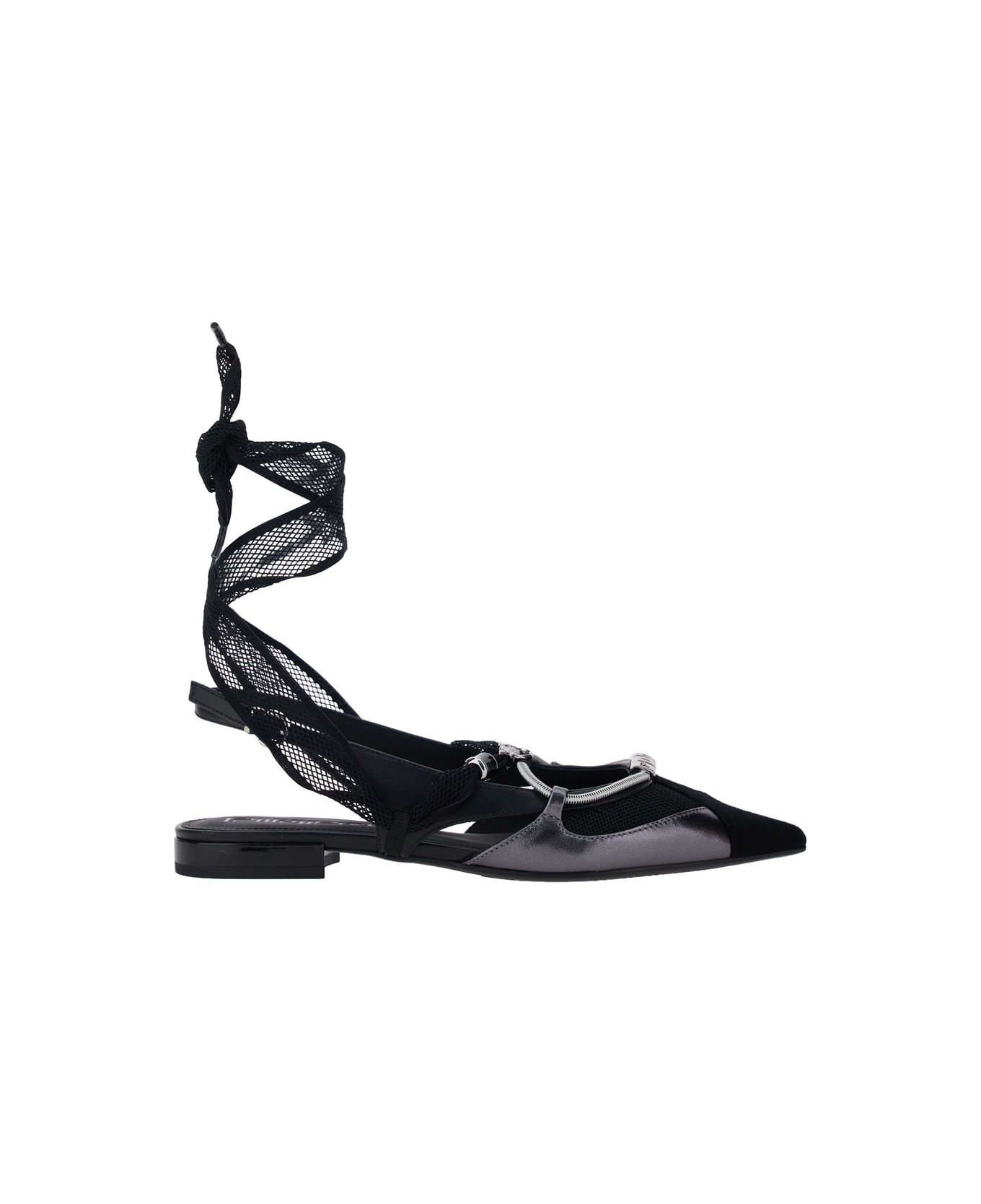 Pinko 'gianira' Black Ballerinas With Pointed Toe And Decorative Ankle Band In Leather And Fabric Blend Woman - Black