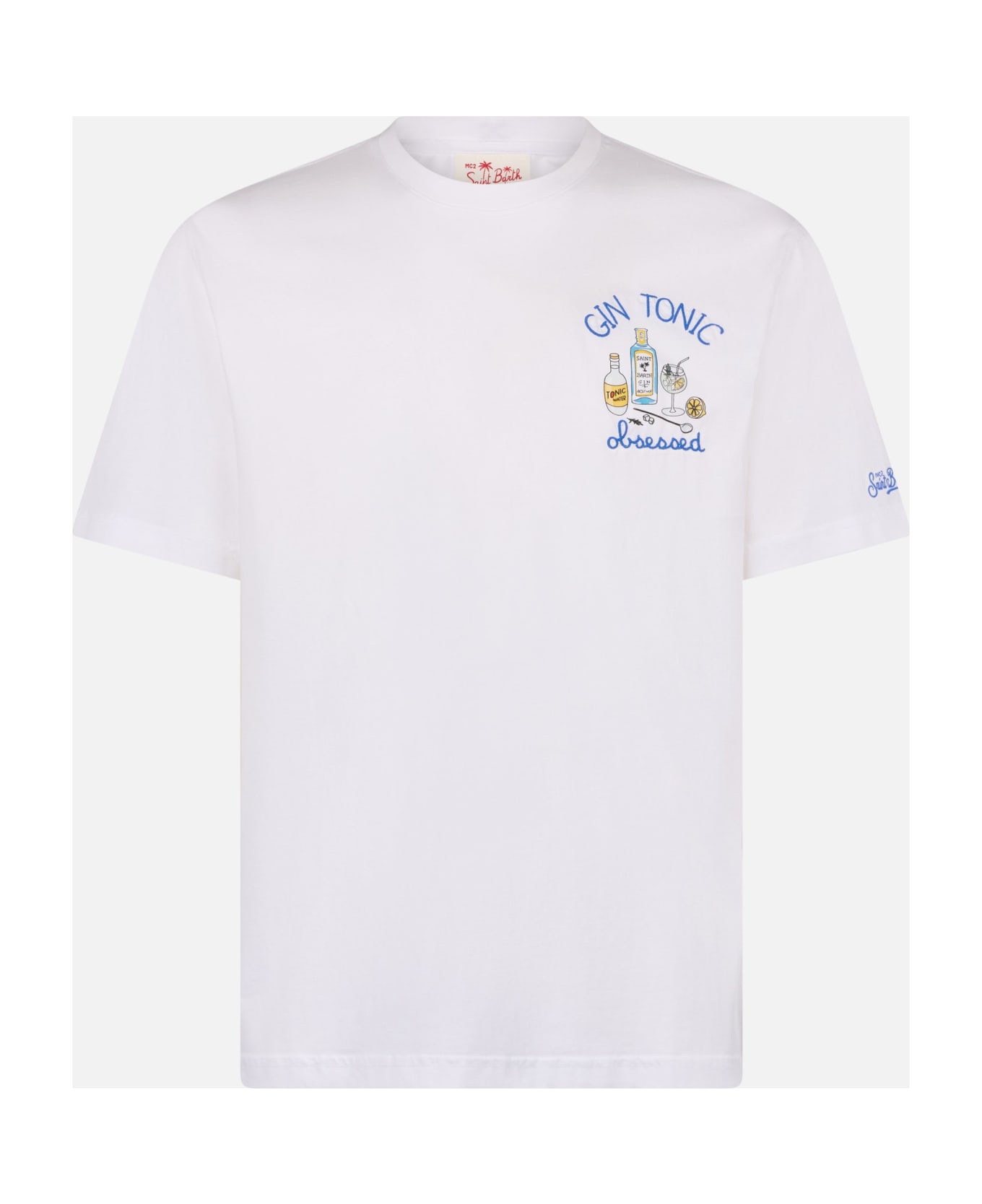 MC2 Saint Barth Man Cotton T-shirt With Gin Tonic Obsessed Embroidery - WHITE