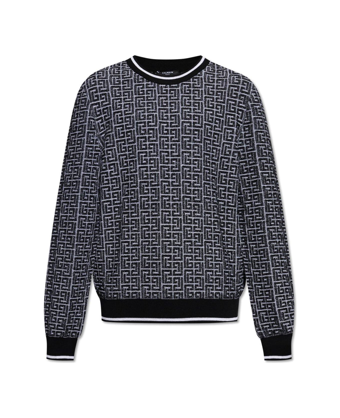 Balmain Monogrammed Jacquard Knit Sweater - BLACK/GREY