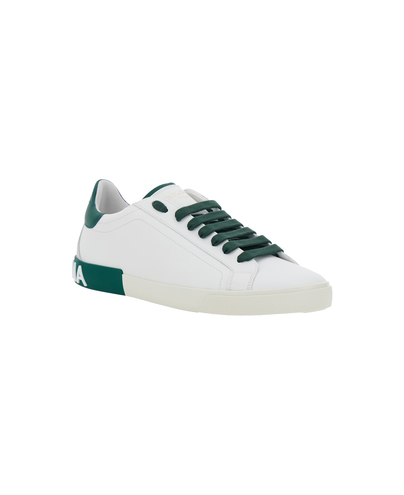 Dolce & Gabbana 'portofino' White And Green Low Top Sneakers With Logo Lettering On Tongue And Rear In Leather Man - White