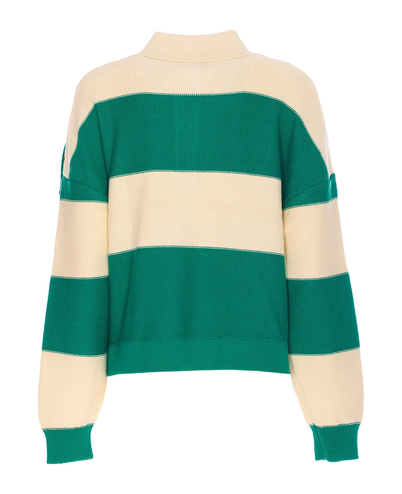 Essentiel Antwerp Hamam Striped Knitted Polo With Rhinestone And Bead Embrodery - Green
