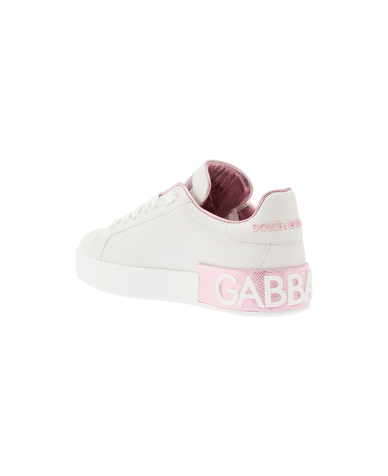 Dolce & Gabbana 'portofino' White And Pink Low Top Sneakers With Logo In Leather Woman - White