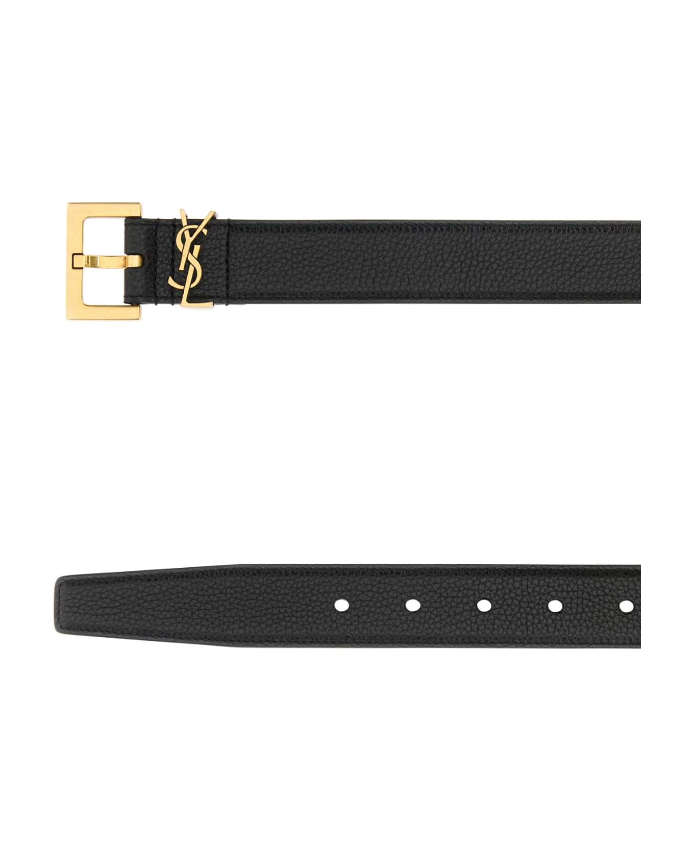 Saint Laurent Black Leather Cassandre Belt - NERO