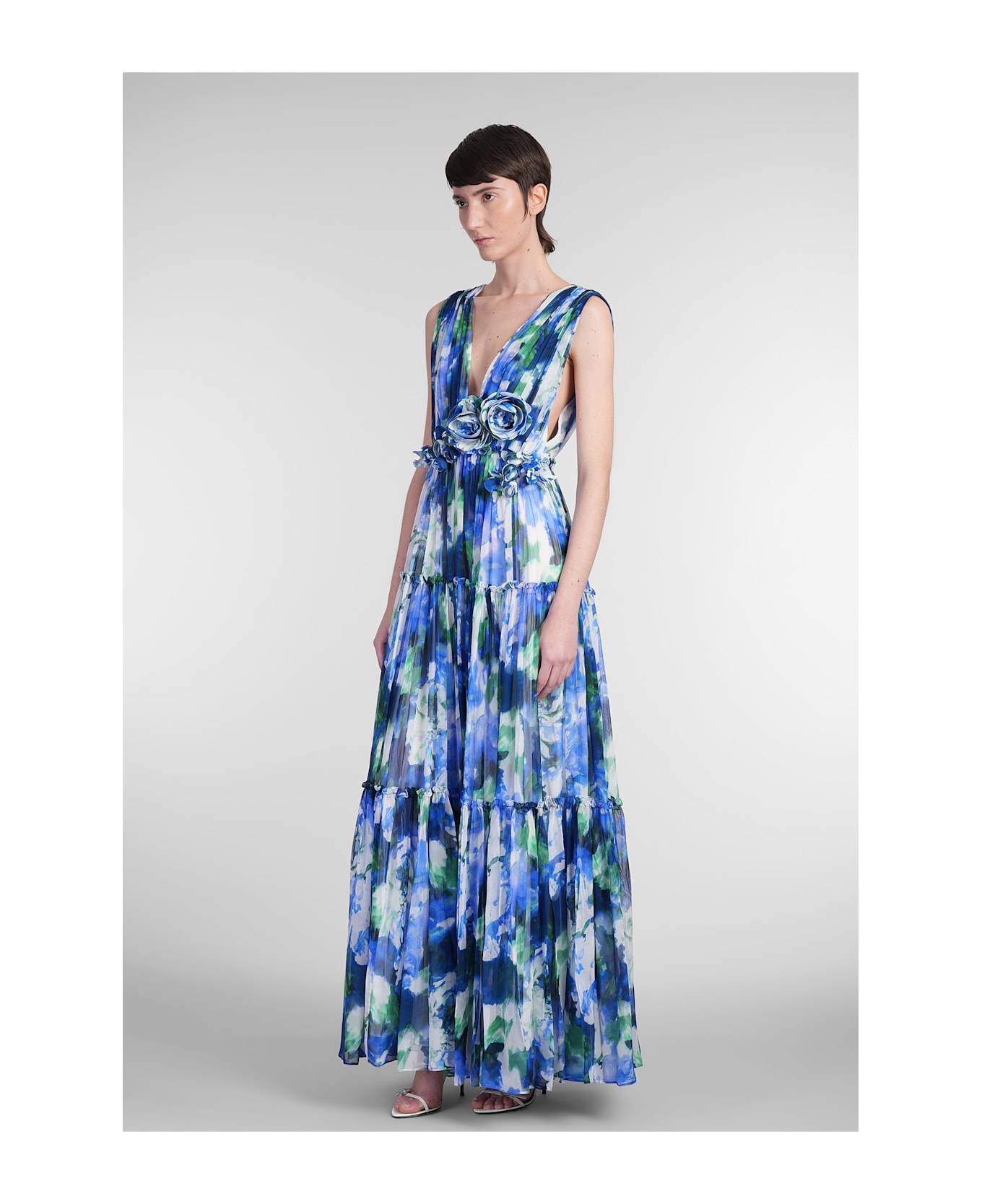 Costarellos Arella Long Dress In Blue Silk - blue