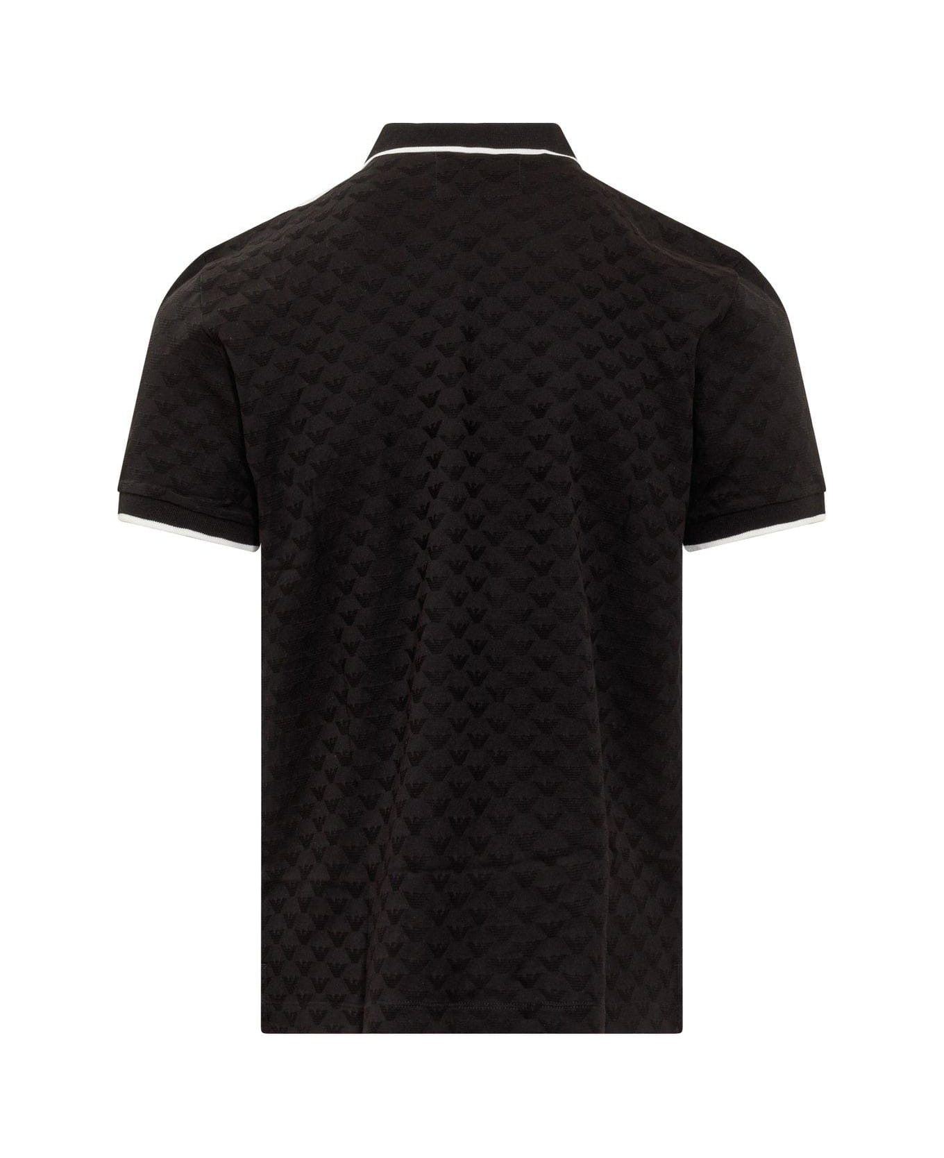 Emporio Armani Logo Embroidered Short Sleeved Polo Shirt - BLACK
