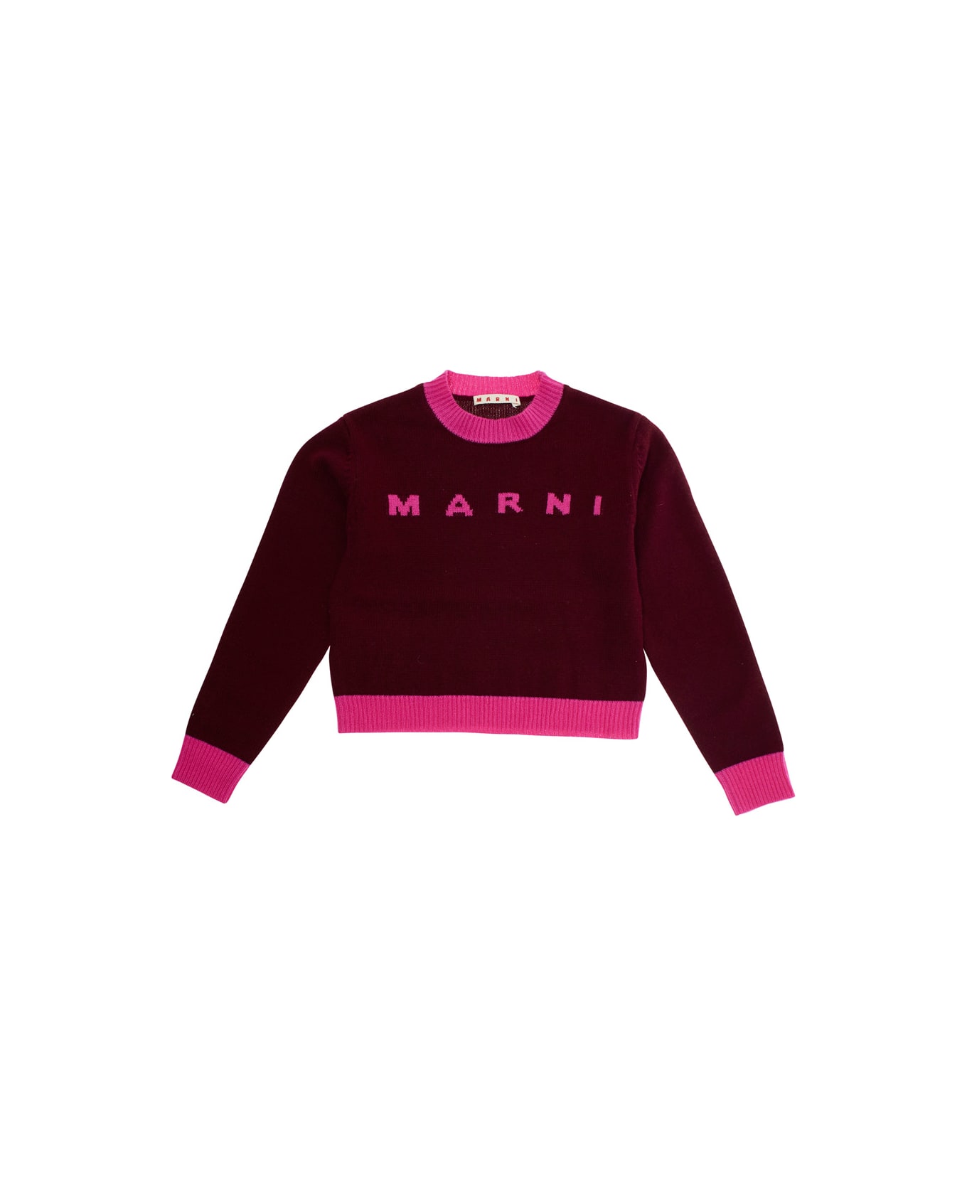 Marni Fuchsia Crewneck Sweater With Logo Lettering On The Front And Contrasting Trims In Wool And Cashmere Woman - Fuxia