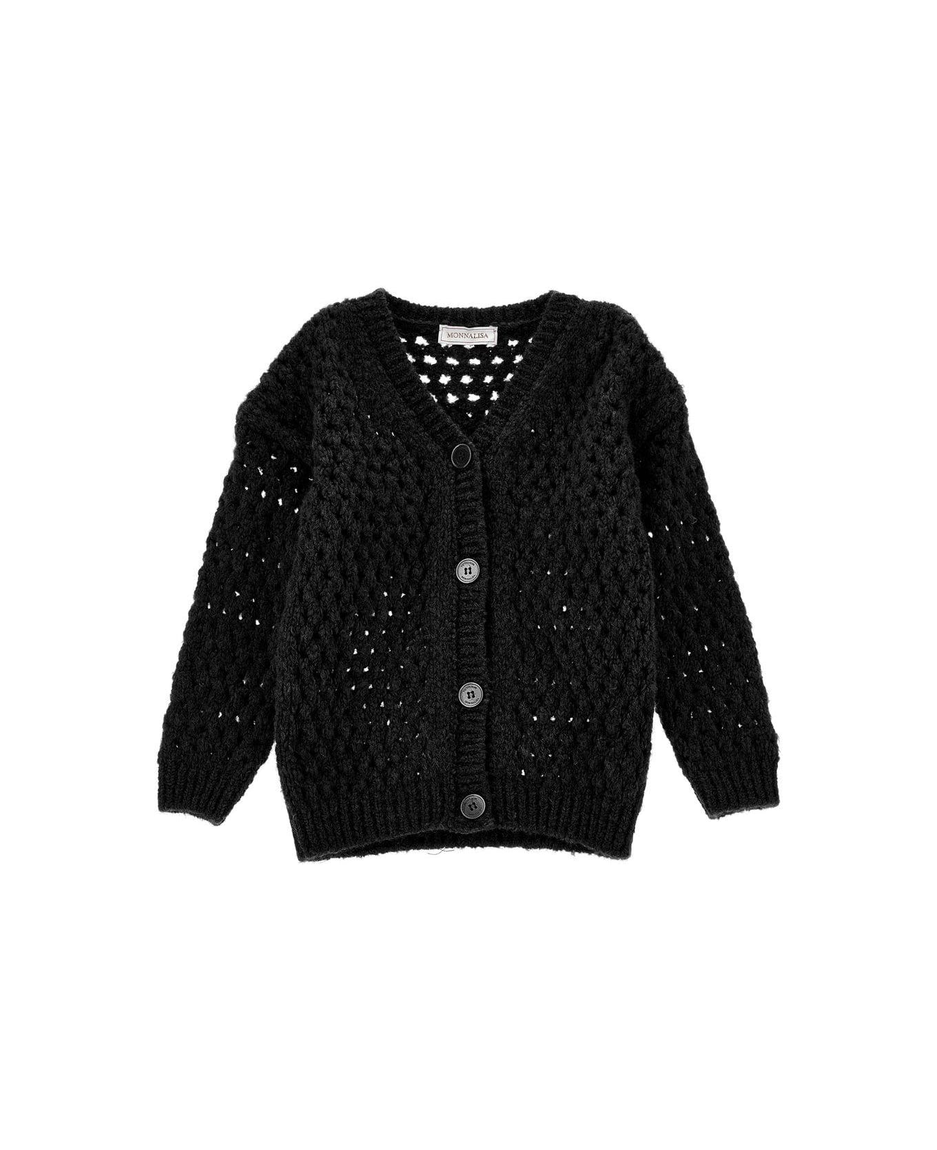 Monnalisa Patch-detailed Open-knitted Buttoned Cardigan - Nero