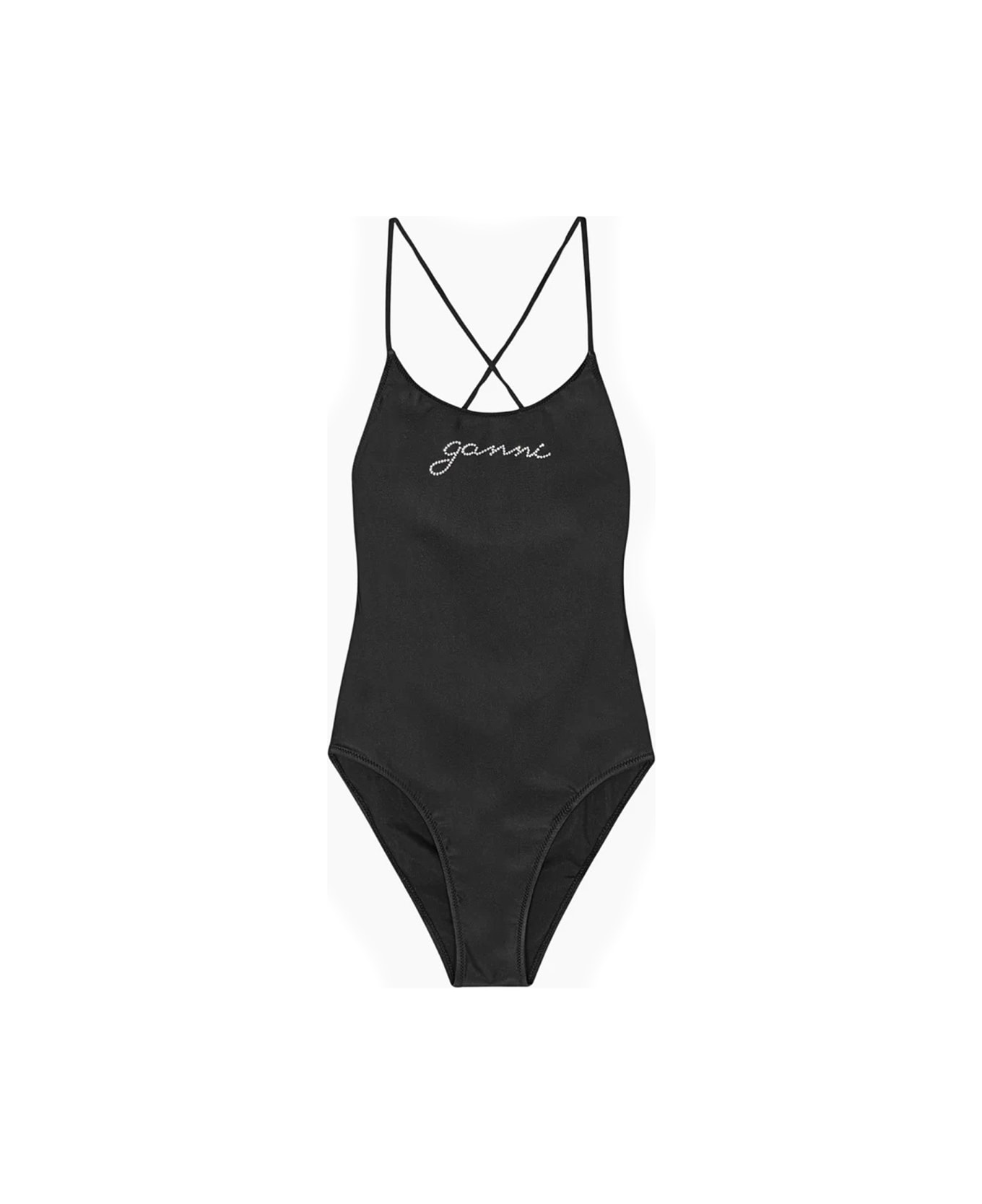 Ganni One Piece Swimsuit With Logo - Nero