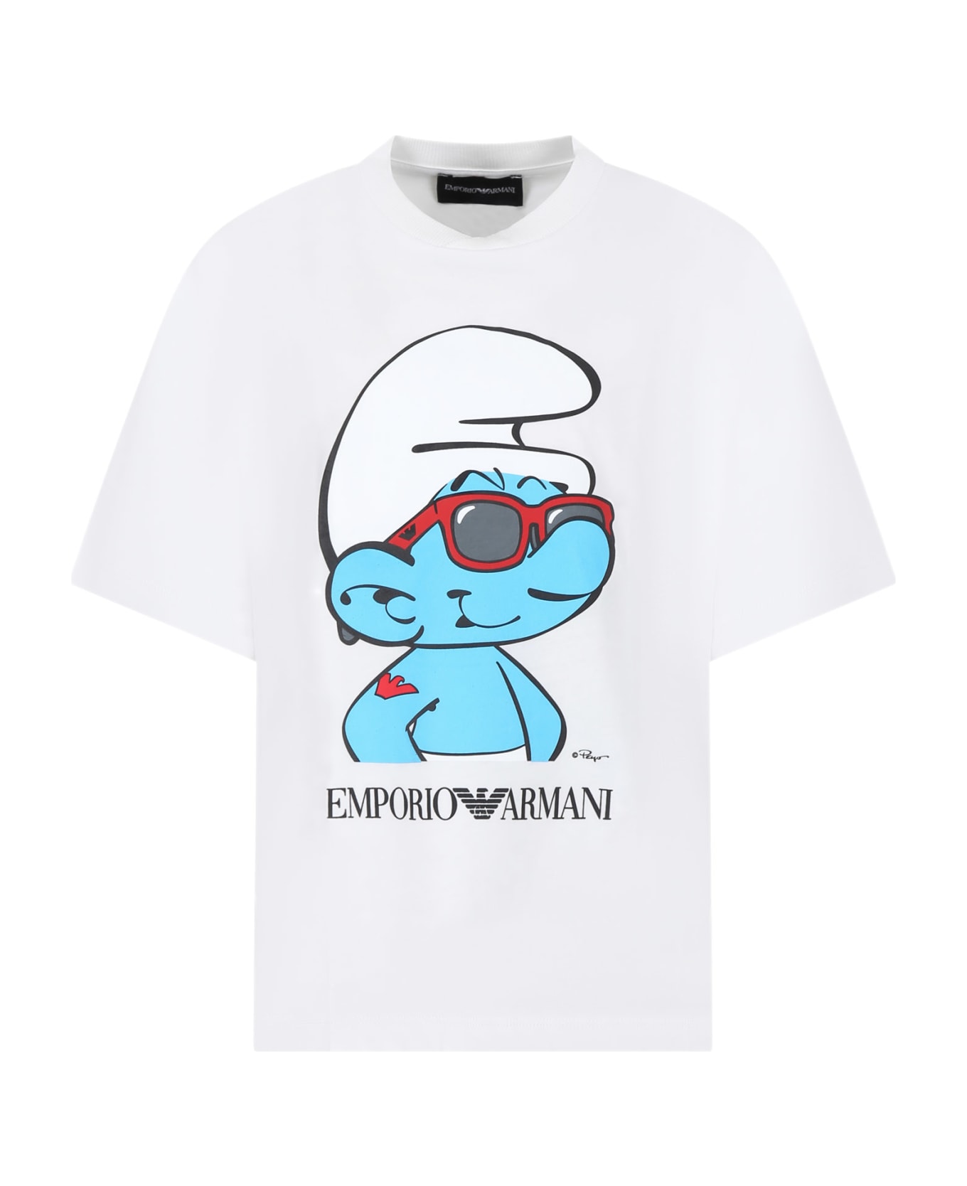 Emporio Armani White T-shirt For Boy With Smurf Print - Bianco Off White Tシャツ＆ポロシャツ