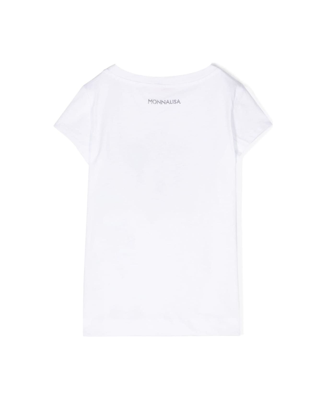 Monnalisa White T-shirt With Minnie Print And Rhinestone In Cotton Girl - White