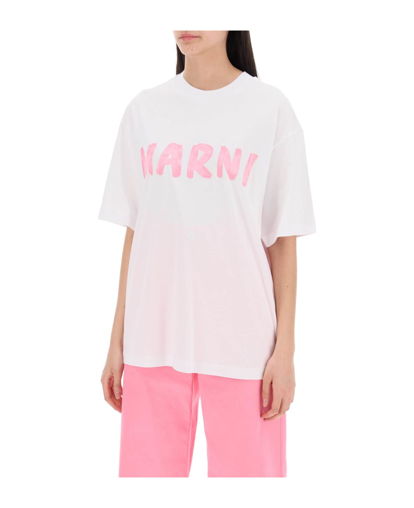 Marni T-shirt With Maxi Logo Print - Bianco/rosa Tシャツ