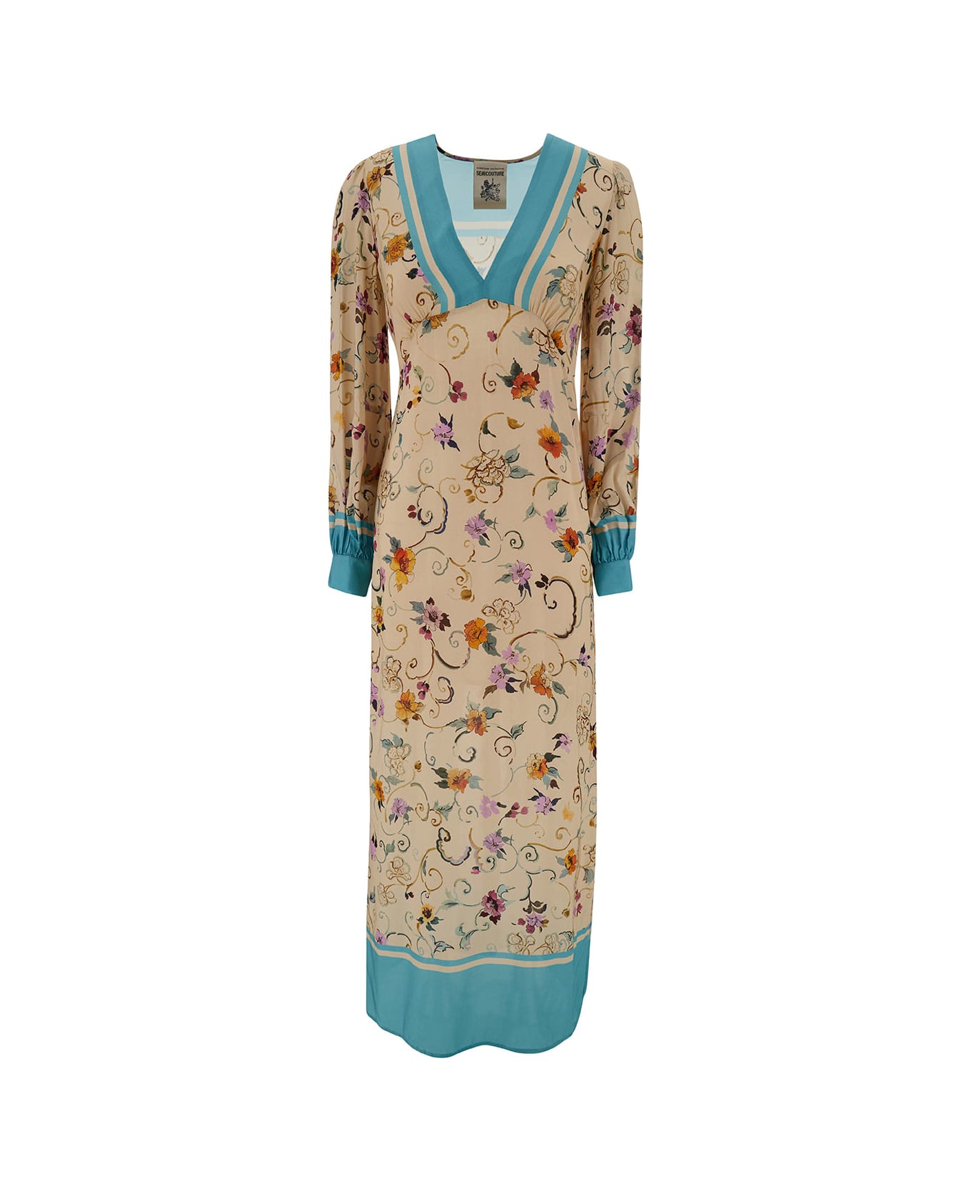 SEMICOUTURE 'giovanna' Long Light Blue And Beige Dress With Floreal Print In Viscose Woman - Multicolor