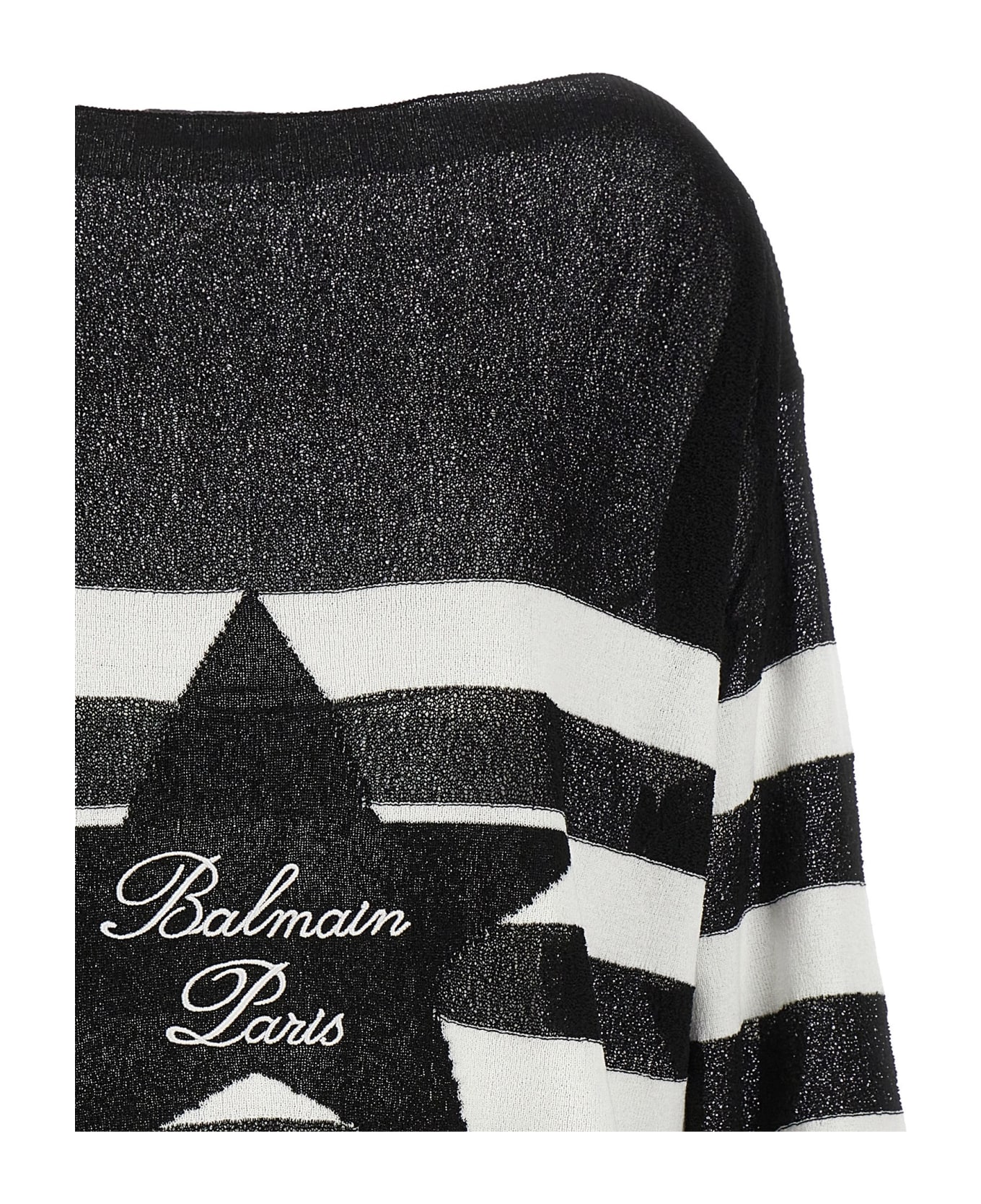 Balmain Logo Embroidery Striped Sweater - White/Black