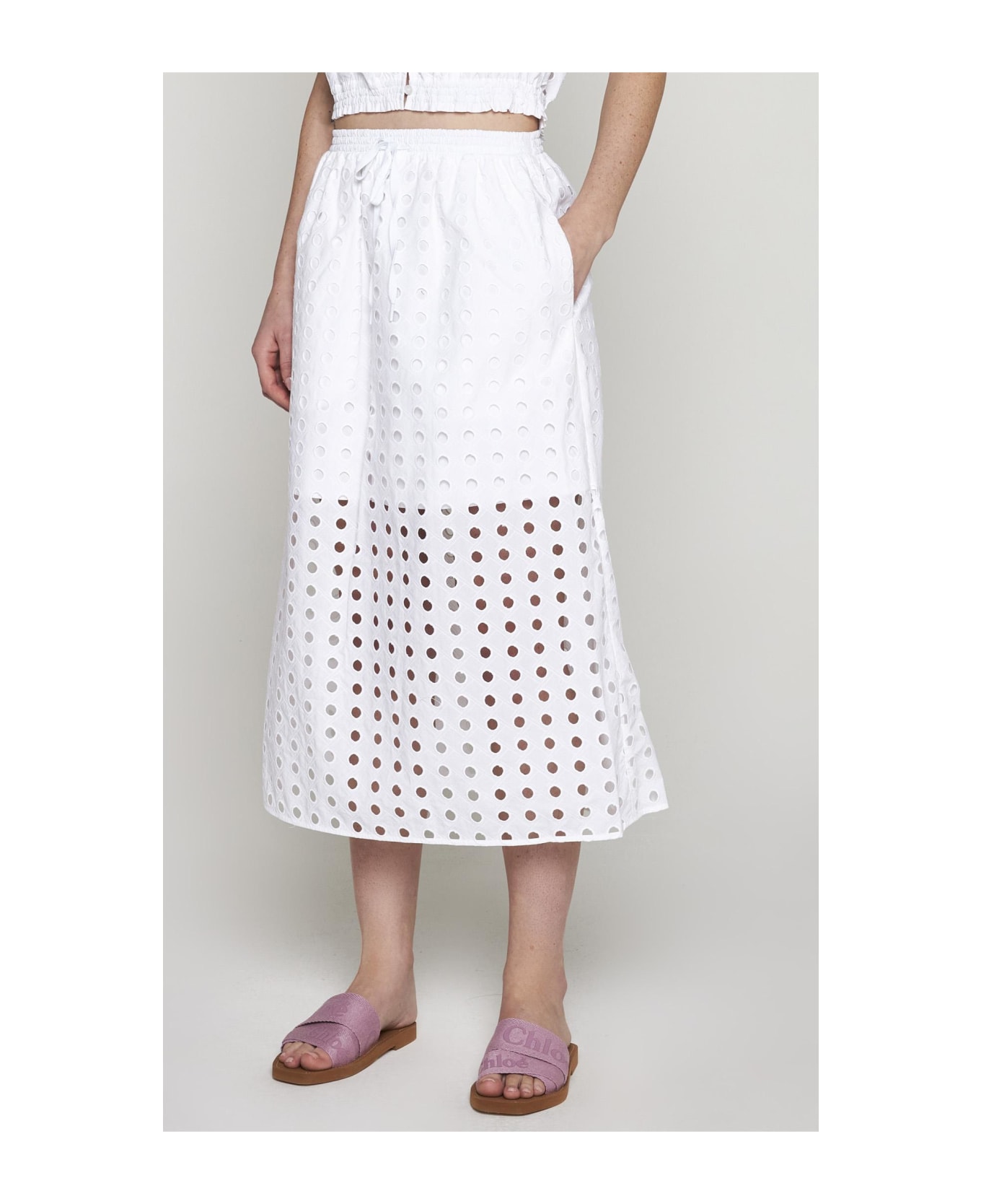 See by Chloé Broderie Anglaise Cotton Midi Skirt - White スカート
