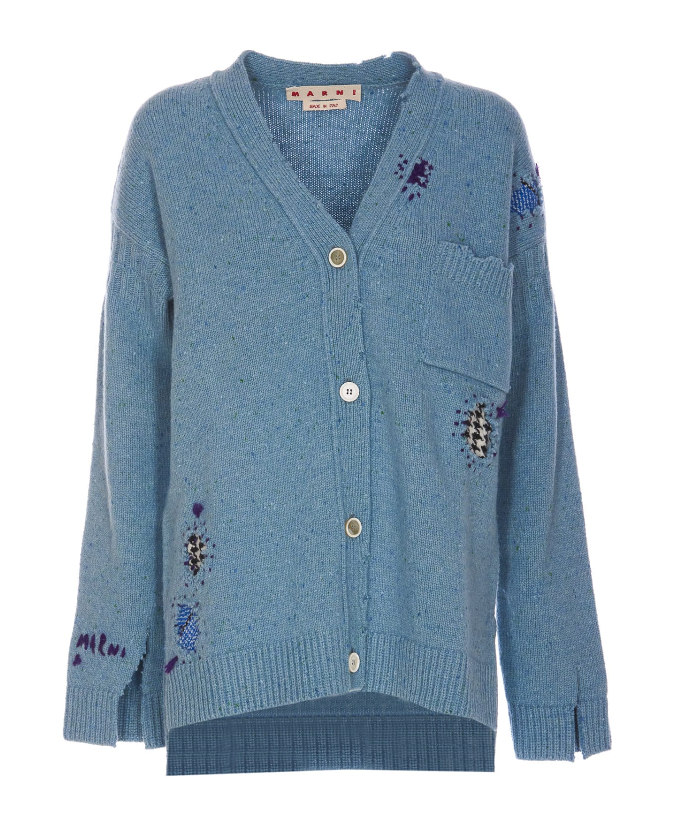 Marni Logo Cardigan With Marni Mending Patches - Blue