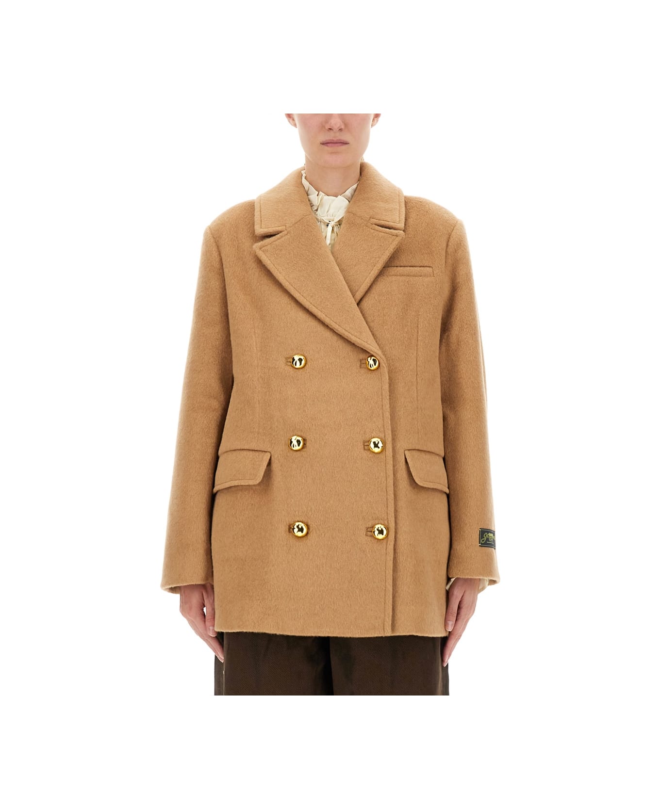 Ganni Double-breasted Wool Blazer - BROWN