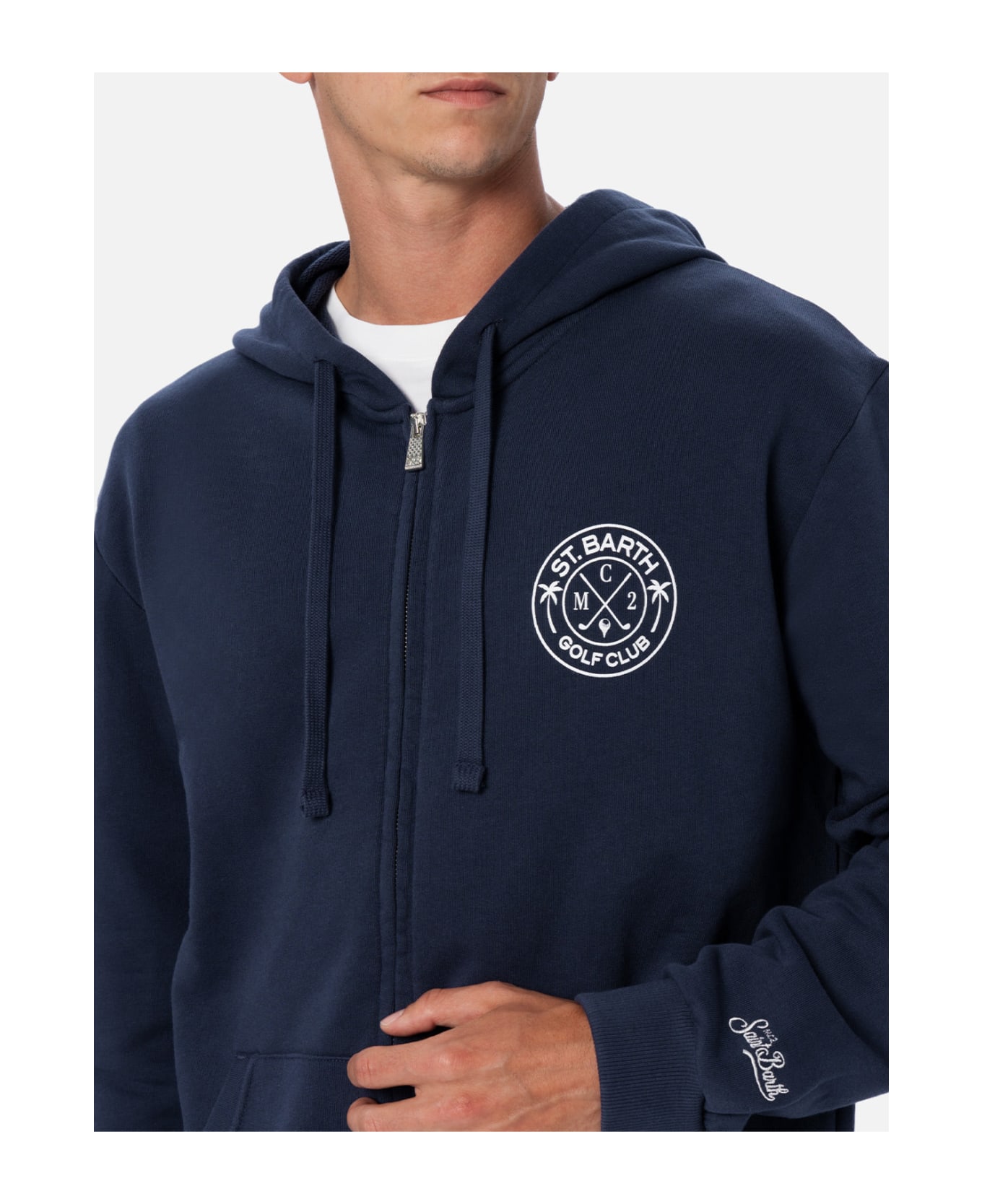 MC2 Saint Barth Man Zipped Cotton Fleece Hoodie Danny With Front And Back Print - BLUE
