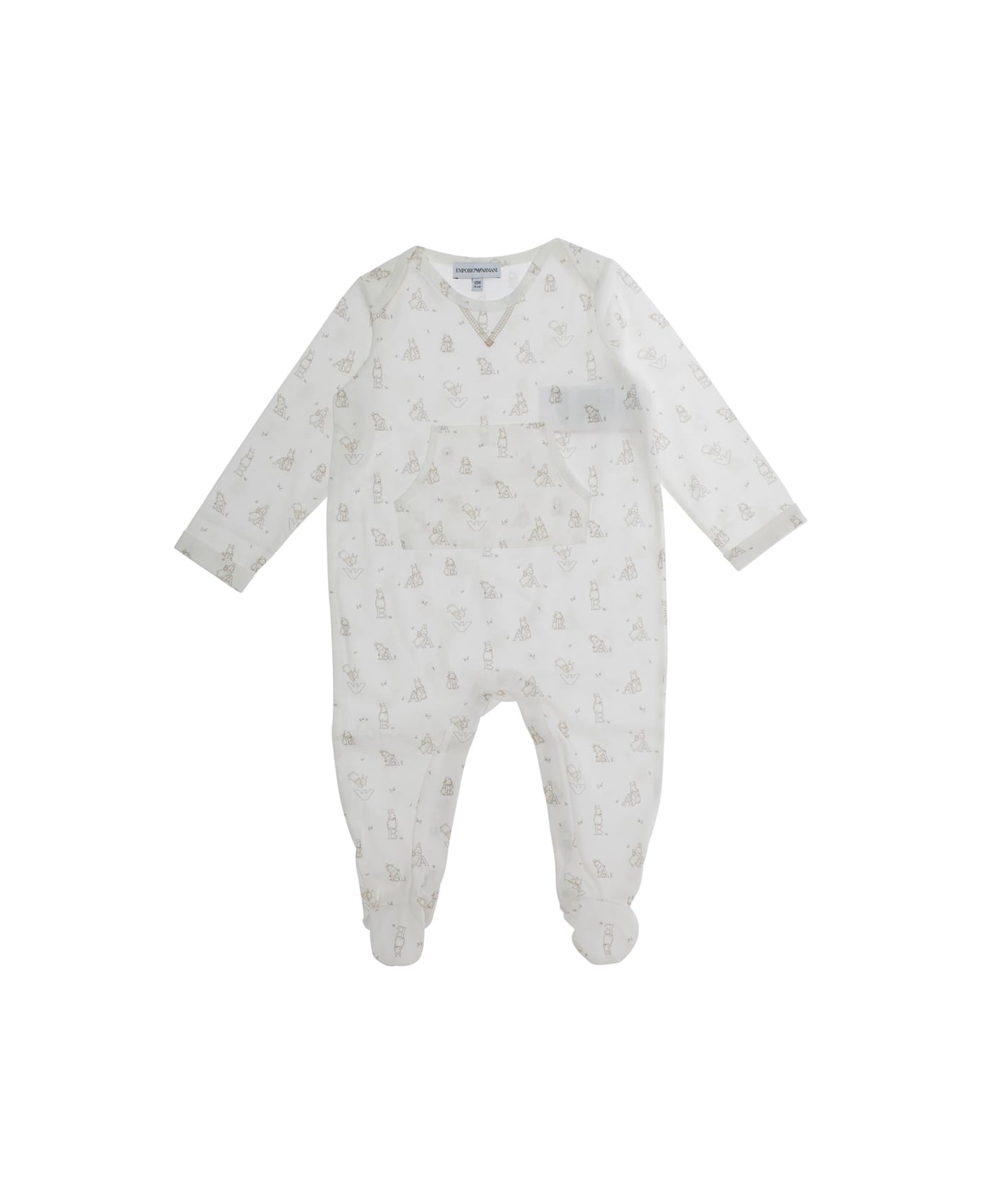 Emporio Armani White Onesie With All-over Logo Motif In Cotton Baby - White